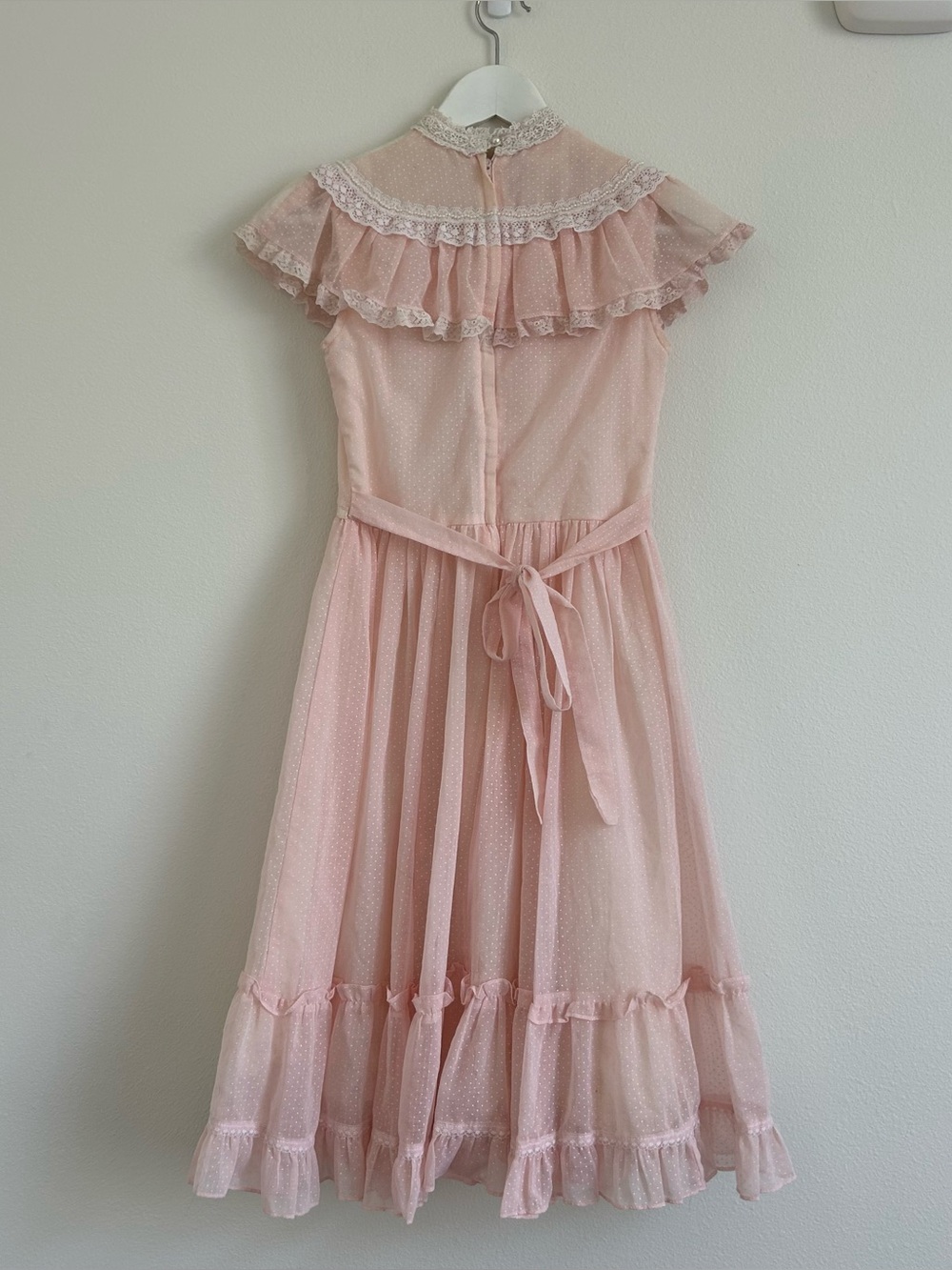 Gunne Sax Pink Polka Dot Lace Dress with Pearl Trim High Victorian Neckline - Picture 2 of 9